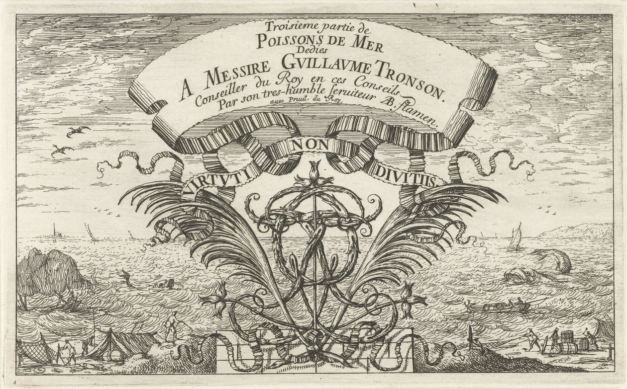 Meeresansicht durch ornamentales Wappen (Serie: Fische und andere Meerestiere - Salzwasser dritte Reihe, Poissons de mer) von Albert Flamen