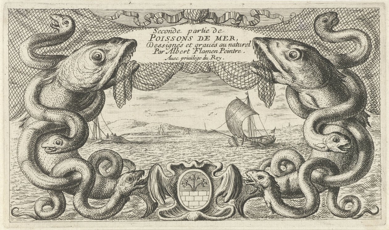 Meeresansicht mit Rand aus Meerestieren und einem Fischernetz von Albert Flamen