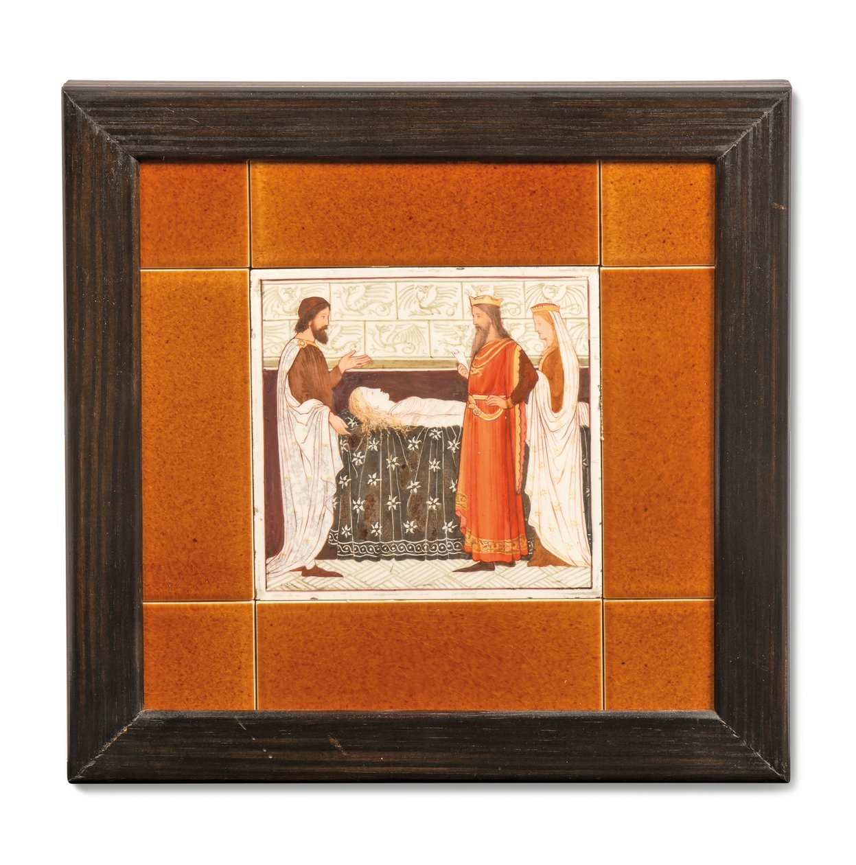 Fliese mit mittelalterlicher Szene bemalt von Albert Joseph (attr.to) Moore