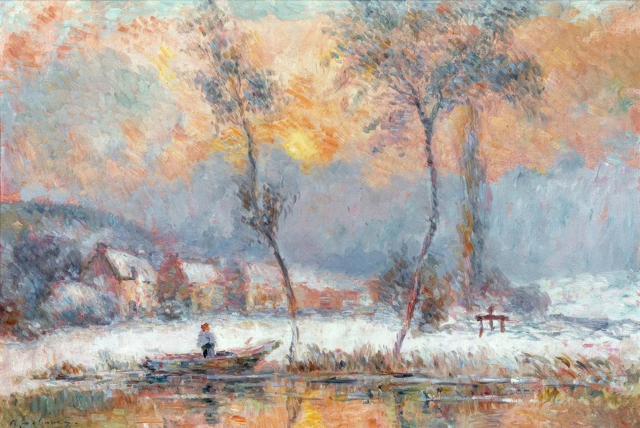 Sonnenaufgang, durch den Schnee, über dem Teich von Chalou-Moulin von Albert Lebourg
