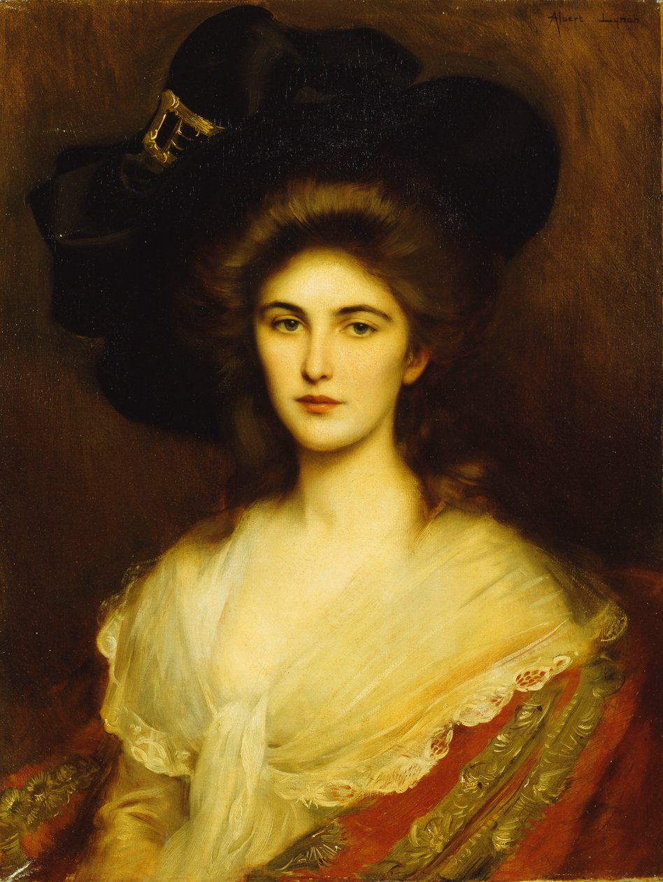 Porträt einer eleganten Dame mit schwarzem Hut von Albert Lynch