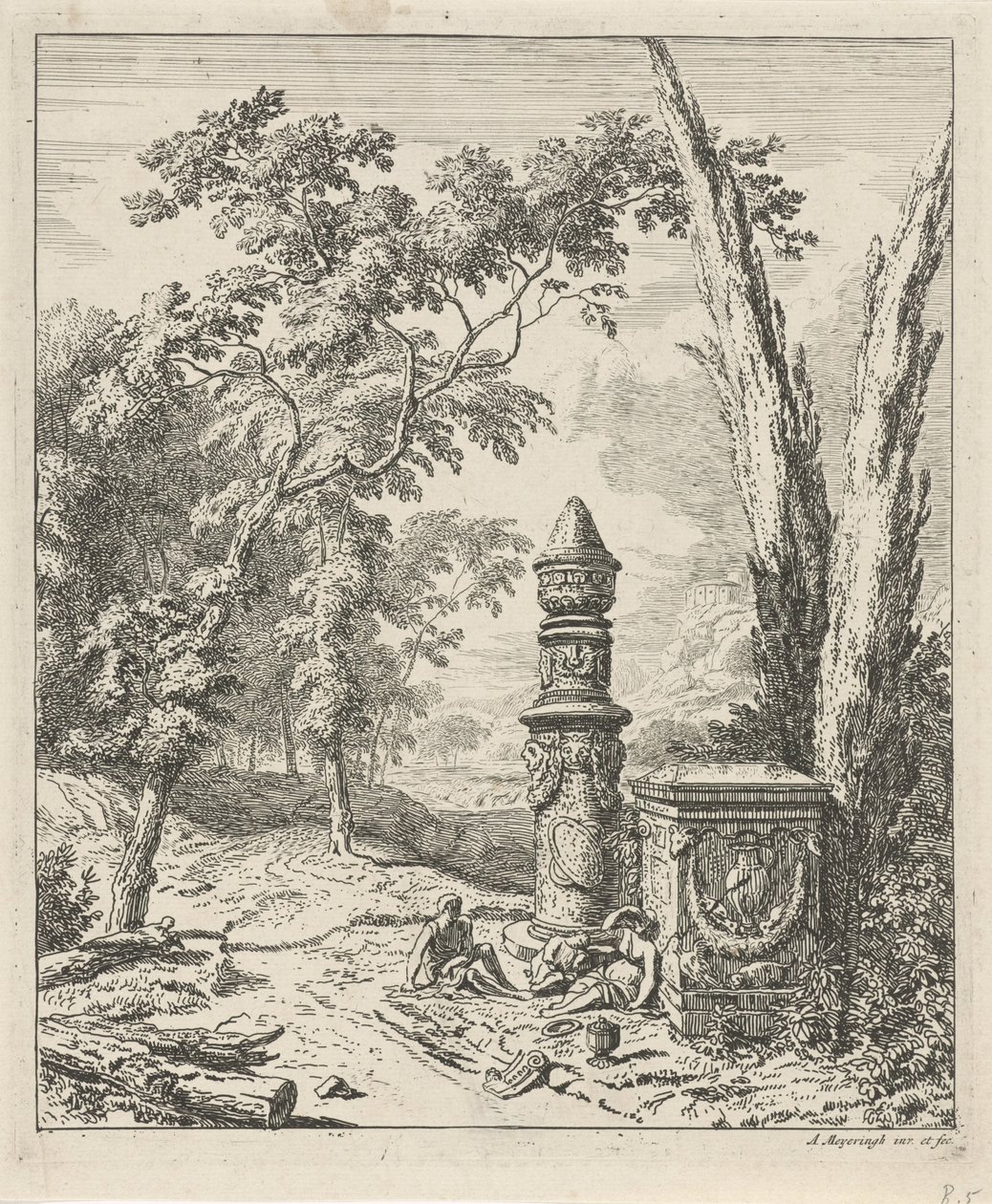 Landschaft mit ruhenden Figuren bei einem Grabmonument (Landschaften) von Albert Meyering