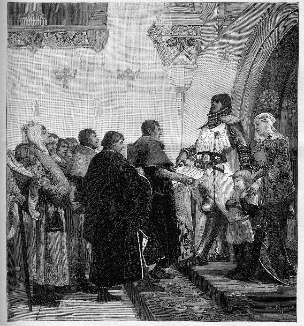 Renaud de Bourgogne gibt den Bürgern von Belfort die Freiheitsurkunde. Da er Geld für seinen Krieg gegen Kaiser Rudolf I. des Heiligen Römischen Reiches benötigte, befreite Renaud de Bourgogne (gestorben 1321) die Stadt Belfort 1307 gegen eine Gebühr von Albert Pierre Rene Maignan
