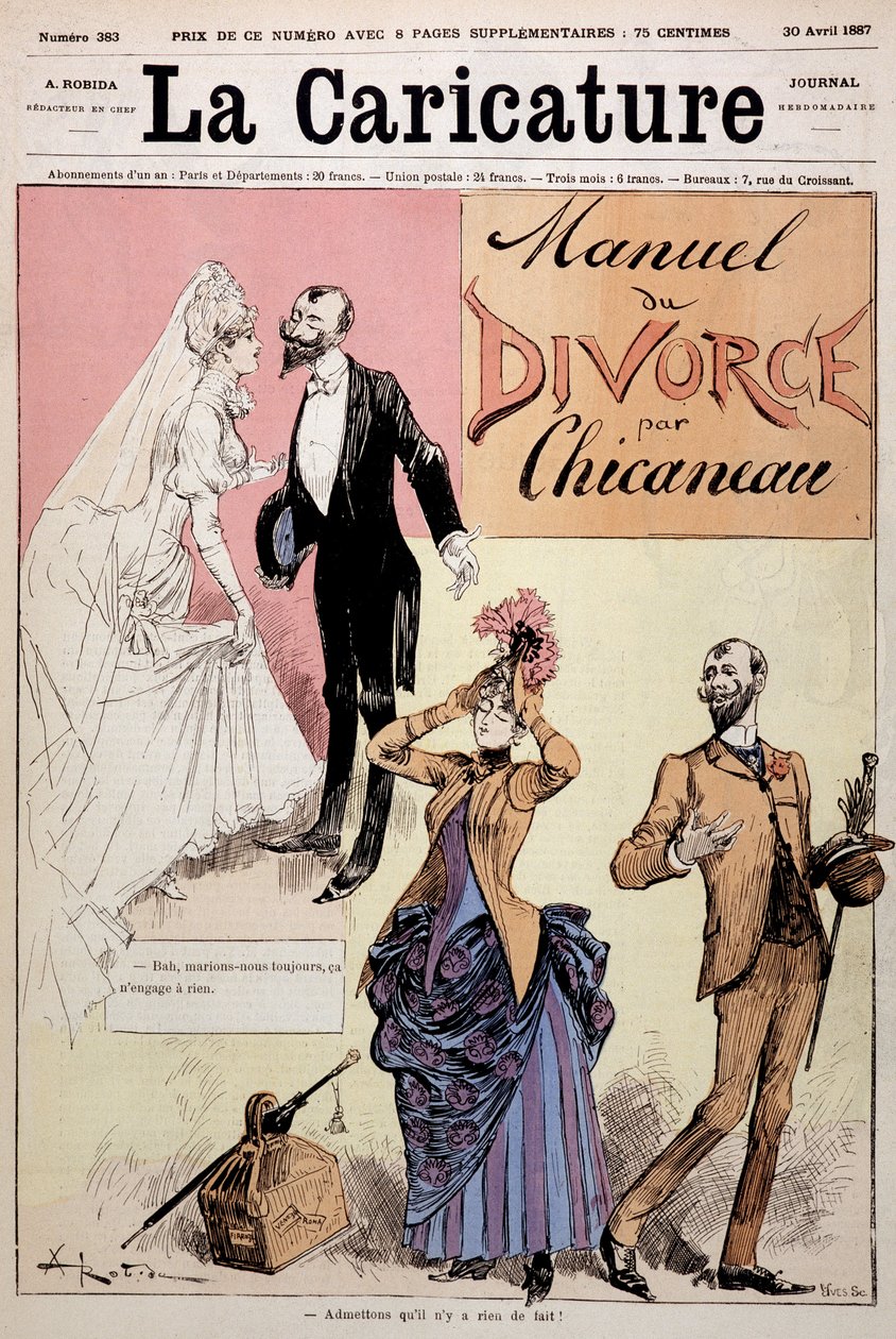 Ehepaar heiratet und lässt sich dann scheiden, „Das Scheidungsmanual“ von Chicaneau, Illustration von Albert Robida (1848-1926), Titelbild „Die Karikatur“, 30.04.1887. von Albert Robida