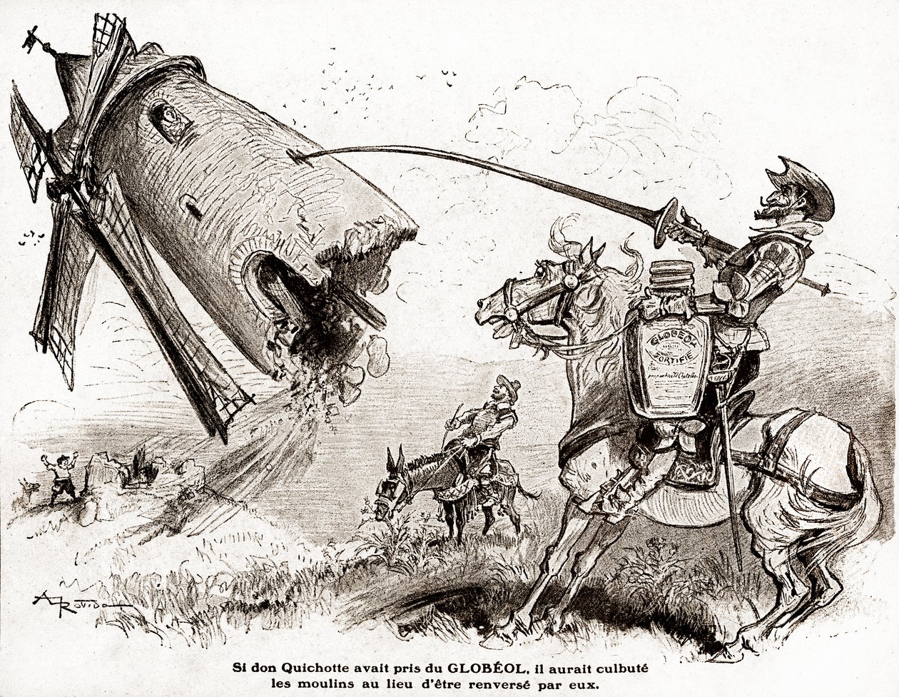 Don Quijote für eine Werbung für das stärkende Globeol, um 1916 (Illustration) von Albert Robida