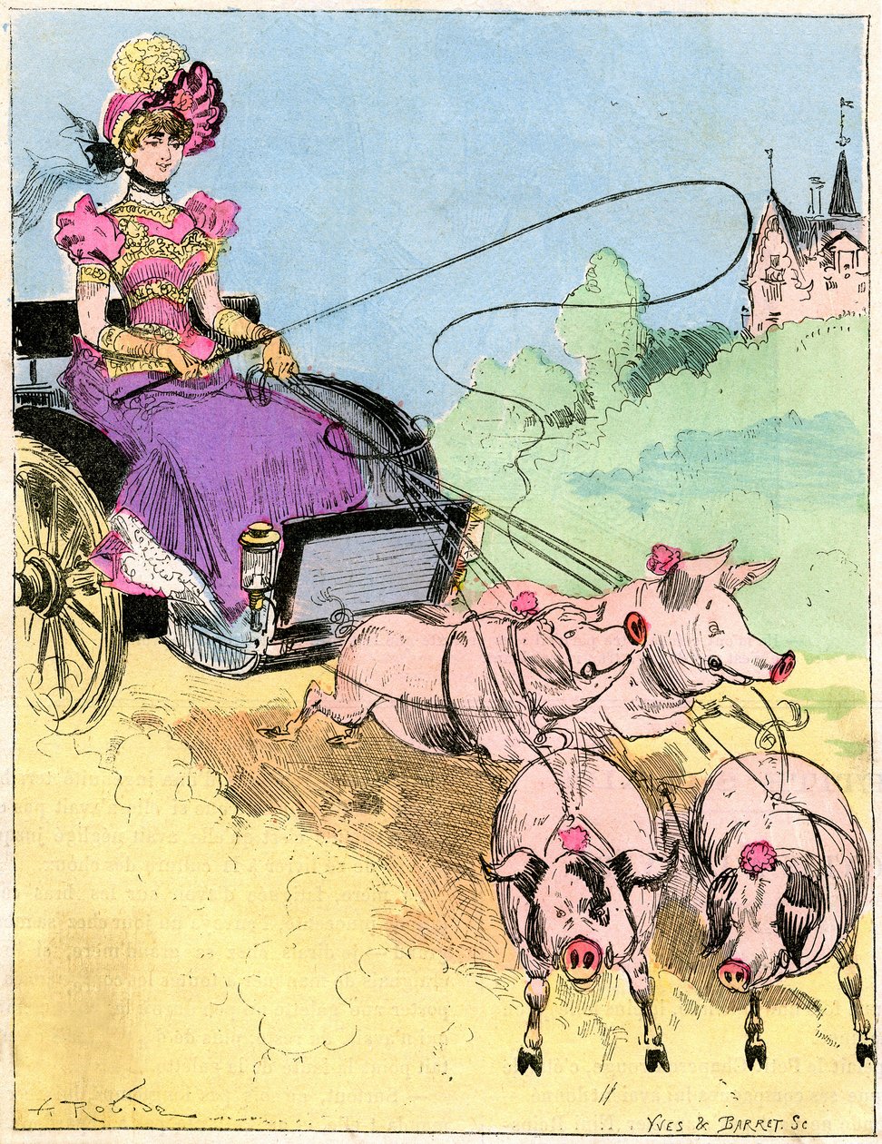 Zeichnung von Albert Robida (1848-1926) auf dem Titelblatt der Comique World Nr. 296 (frühes 20. Jahrhundert) - Neue sehr elegante Kutsche für kleine Ausflüge auf dem Land - Junge Frau fährt eine Schweinekutsche von Albert Robida