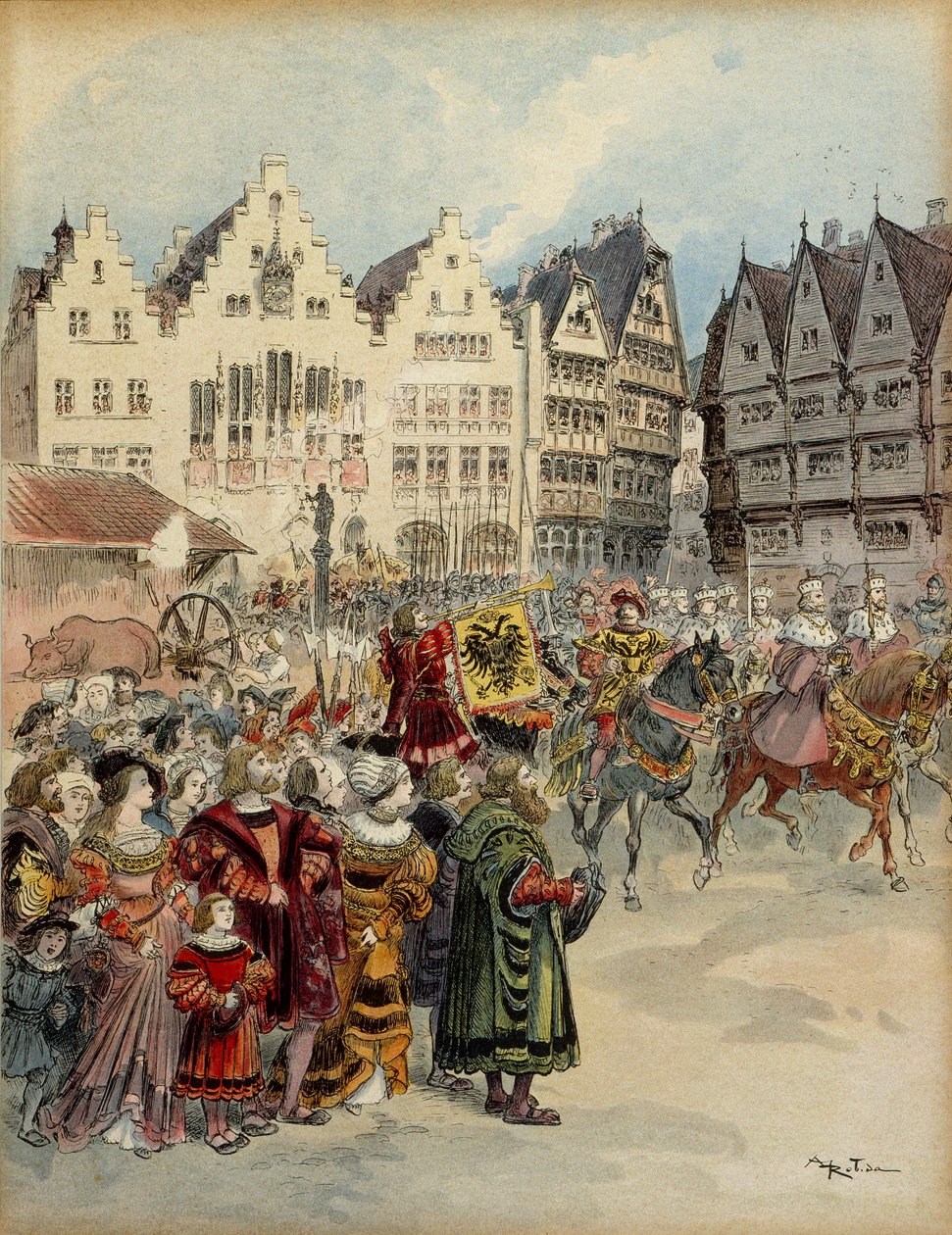 Wahl von Karl V. (1500-1558) zum Kaiser von Deutschland am 28. Juni 1519. Der Zug der sieben Kurfürsten zieht durch die Straßen von Frankfurt (Deutschland). Illustration von Albert Robida