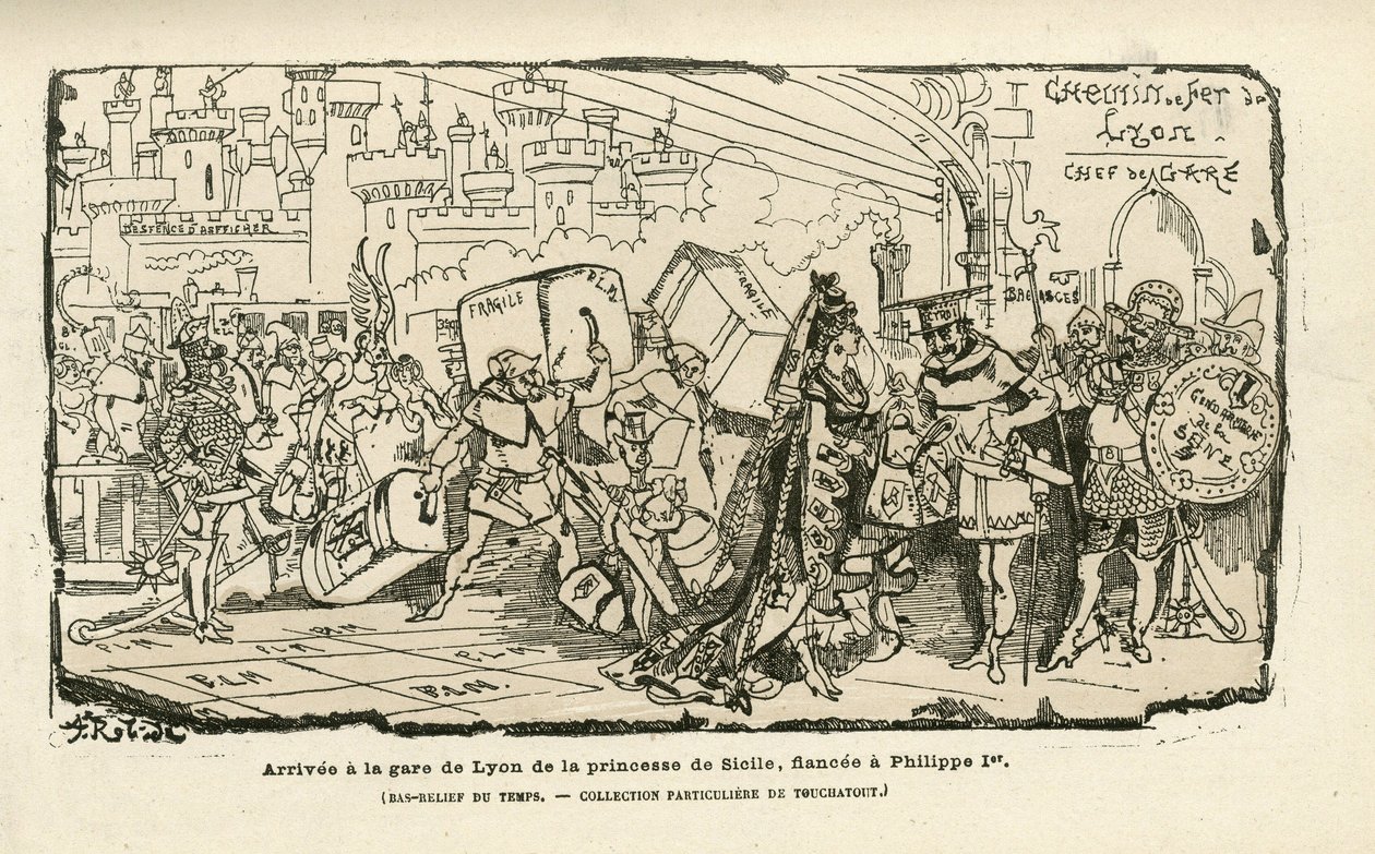Illustration von Albert Robida (1848-1926) in Histoire de France tintamarresque, ca. 1880 - Gare, Ancien regime, Sizilien - Philippe I von Albert Robida