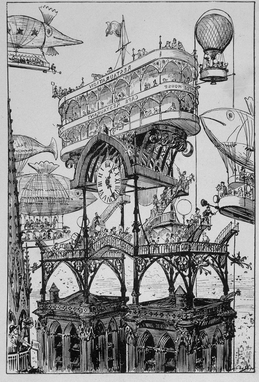 Internationales Hotel auf dem Arc de Triomphe - in Das 20. Jahrhundert von Robida von Albert Robida