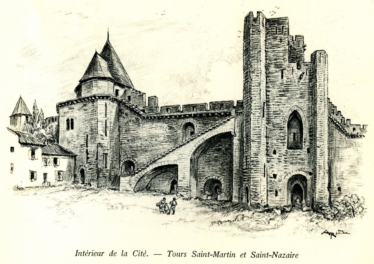 Mittelalterliche Stadt Carcassonne (Aude, Languedoc, Pays Cathare) - Türme Saint Martin und Saint Nazaire mit Häusern, die an die Stadtmauern gebaut sind - romantische Gravur von Albert Robida (1848-1926) in einem Buch, das zu Beginn des 20. Jahrhunderts v von Albert Robida