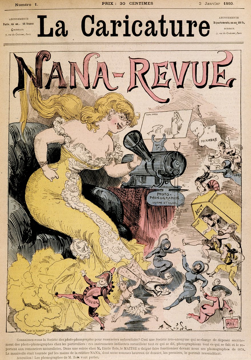 Nana-Revue: Karikatur über Zola und sein Werk „Nana“ von Robida - in „La Caricature“ vom 03.01.1880 von Albert Robida