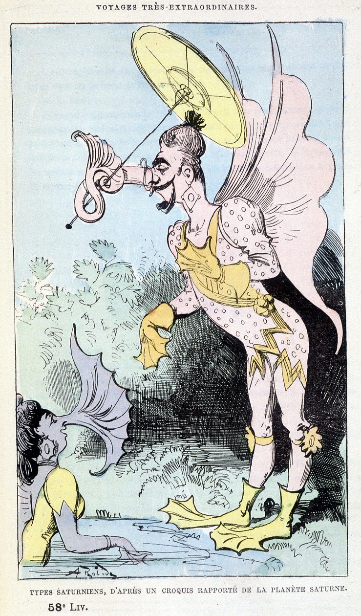 Saturnische Typen aus einer berichteten Skizze des Planeten Saturn (pseudo-anthropologische groteske Monster), Parodie von Jules Verne, „Sehr außergewöhnliche Reisen von Saturnin Farandoul in 5 oder 6 Teilen der Welt und in allen bekannten oder unbekannten von Albert Robida