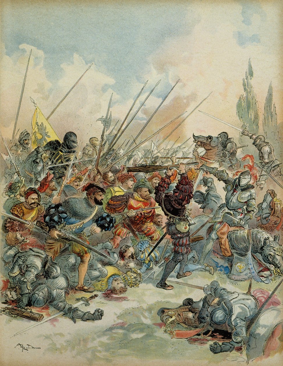 Sechster Italienischer Krieg (1521-1526): König Franz I. (1494-1547) in Pavia (Italien) am 24. Februar von Albert Robida