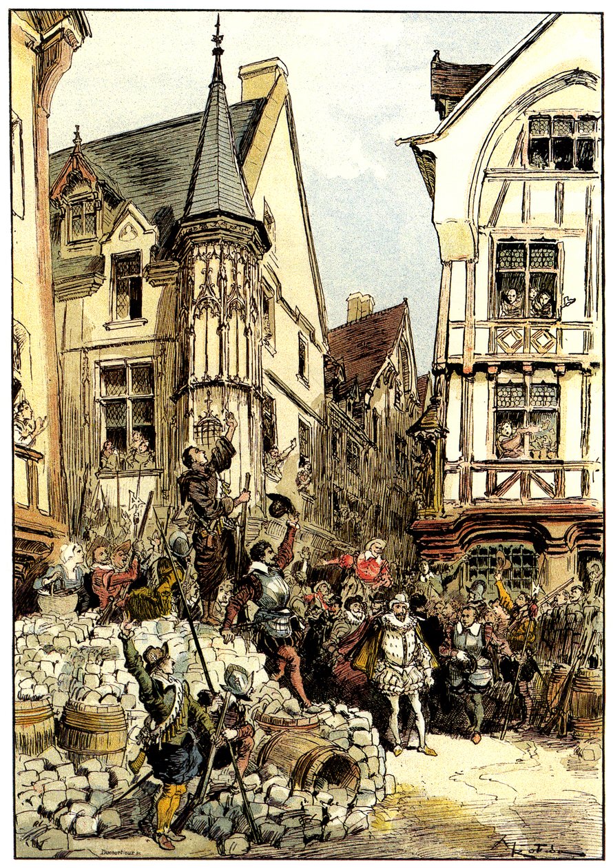 Der Herzog von Guise wird von der Menge und den Soldaten des Regiments der Gardes Françaises in Paris am Barrikadentag bejubelt von Albert Robida