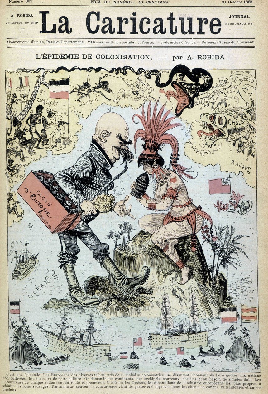 Die Kolonialisierungsepidemie: antikolonialistisches Zeichnen von Robida - in „La Caricature“ vom 31.10.1885 von Albert Robida