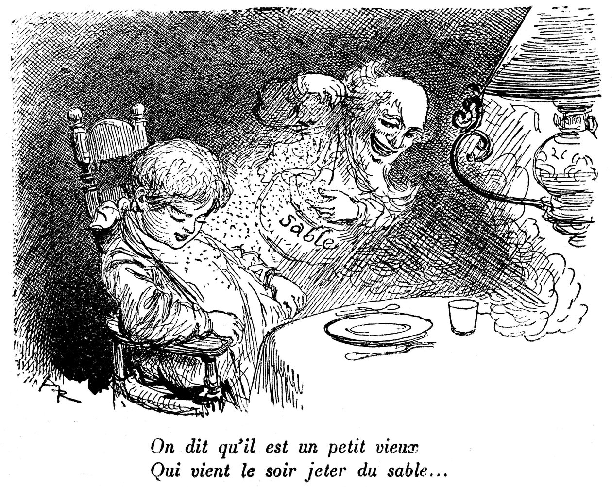 Der Sandmann ist vorbeigekommen! Kind schläft nach dem Essen. Schlaf. „Sie sagen, er ist ein kleiner alter Mann, der nachts Sand wirft...“ Zeichnung von Albert Robida (1848-1926) in einem Kinderlesebuch 1920-1930 von Albert Robida