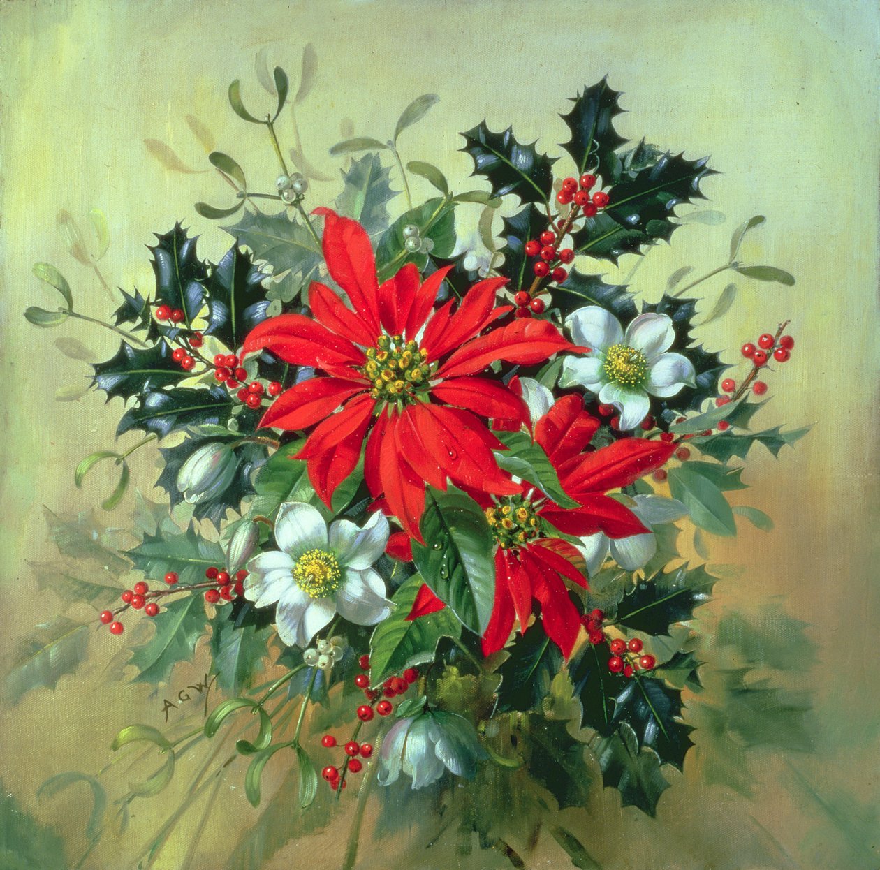 AB130 Ein Weihnachtsarrangement mit Stechpalme, Mistel und anderen Winterblumen von Albert Williams