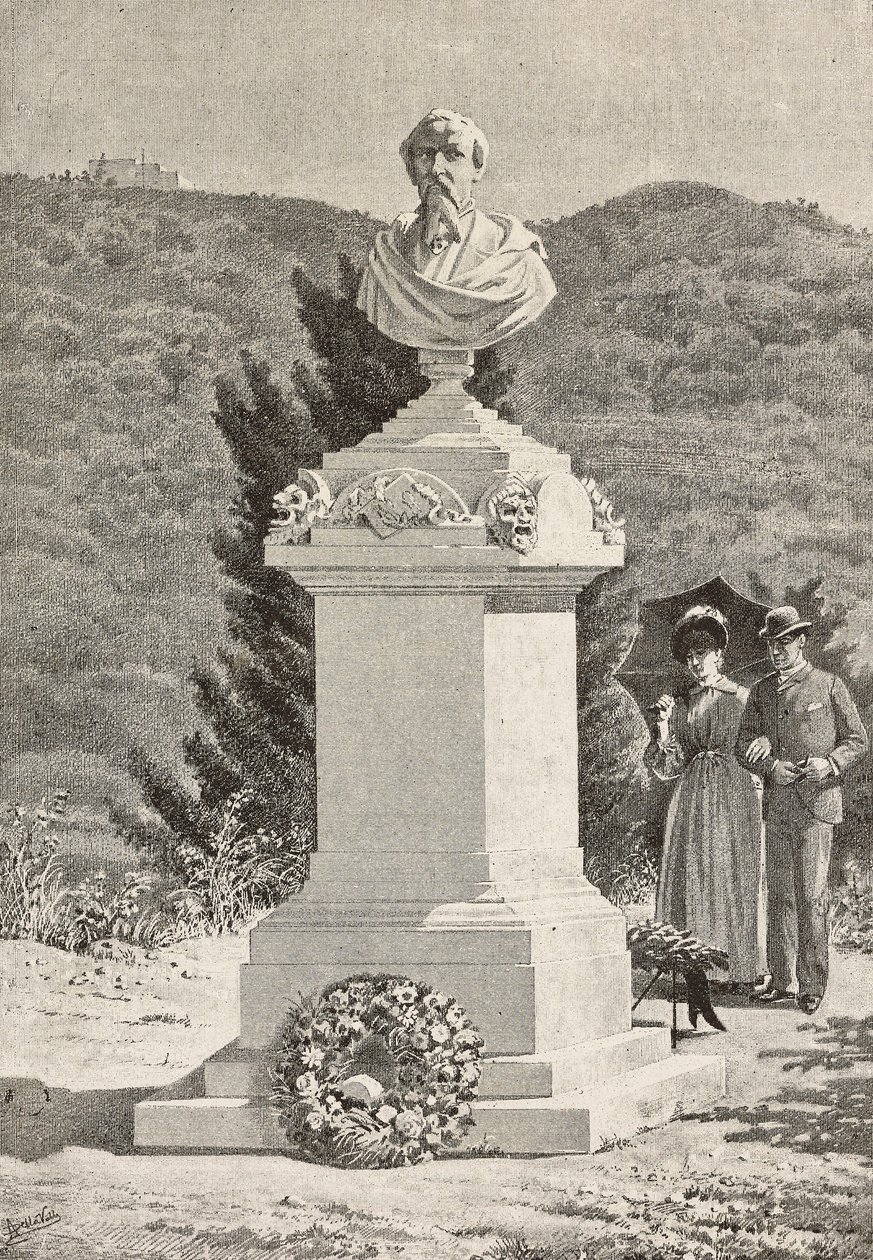Denkmal für Paolo Giacometti (1816-1882) auf dem Friedhof Staglieno, Genua, Italien, Gravur nach einer Zeichnung von Alberto della Valle, aus L