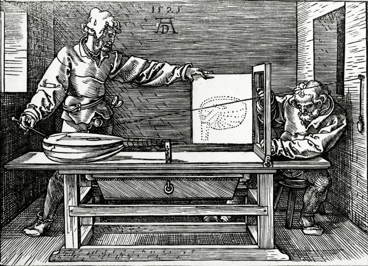 Ein Künstler zeichnet eine Laute mit Hilfe eines Perspektivapparats, Illustration aus Dürers 