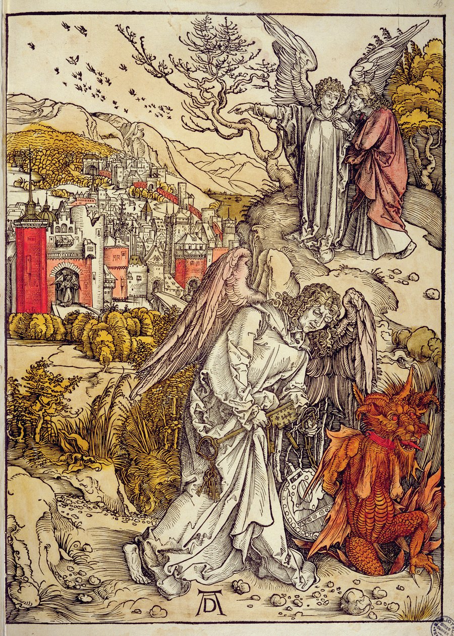 Engel mit dem Schlüssel des Abgrunds, 1498 (Farbholzschnitt) von Albrecht Dürer