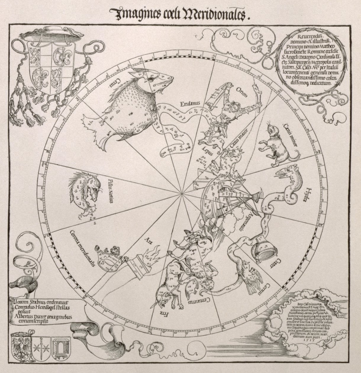 Karte des Südhimmels, mit Darstellungen von Sternbildern, verziert mit dem Wappen von Kardinal Lang von Wellenburg und einer Widmung an ihn mit seinen Wappen und dem kaiserlichen Copyright, 15 von Albrecht Dürer
