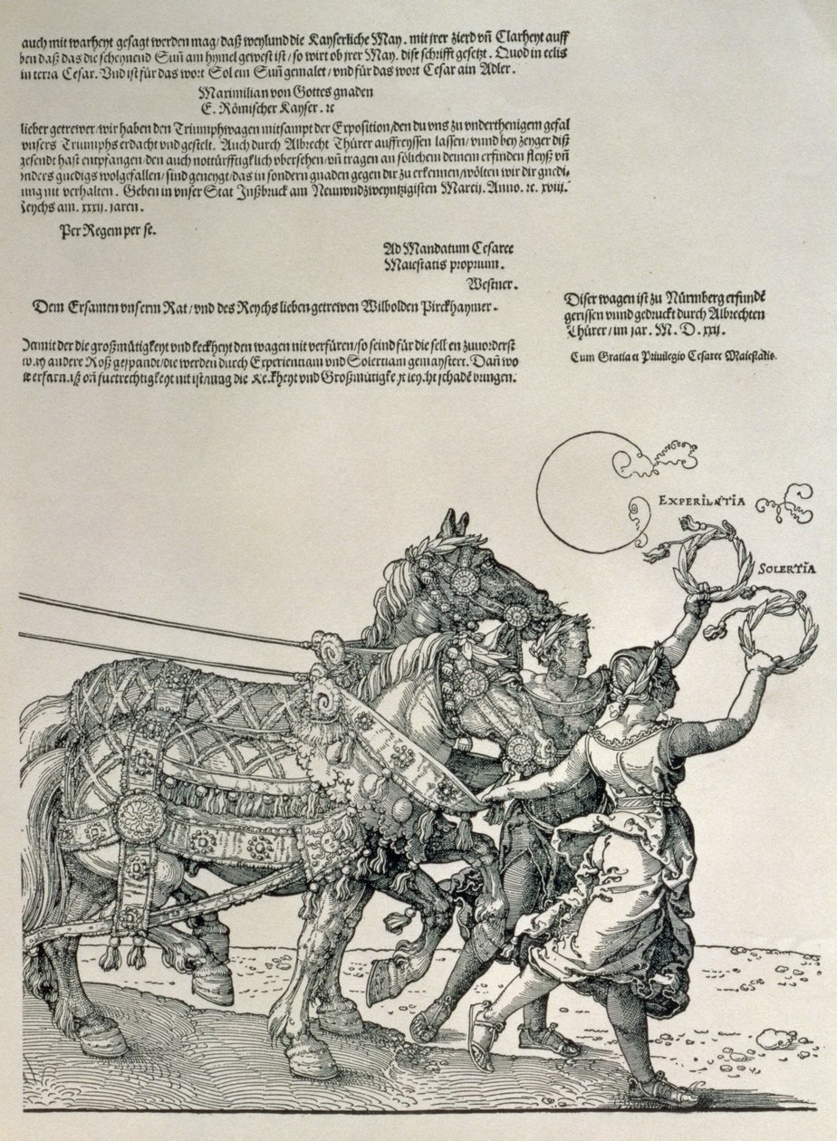 Triumphwagen von Kaiser Maximilian I., Kaiser von Deutschland (1459-1519): Detail der Pferdeteams, geführt von zwei Tugenden, Fleiß und Streben, veröffentlicht ca. 1518 von Albrecht Dürer