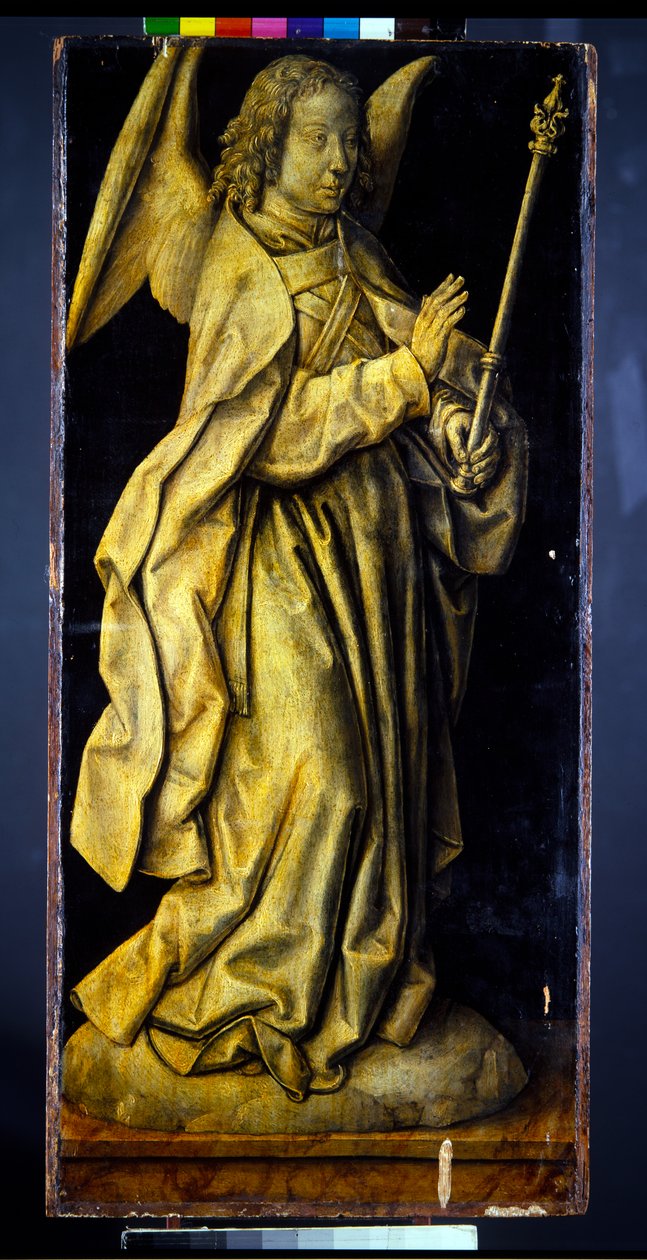 Ehemals die Flügel eines Triptychons, ein Paar, weibliche Figuren, die Weisheit und Großzügigkeit personifizieren, mit der Verkündigung (Panel; en grisaille verso) von Albrecht Bouts