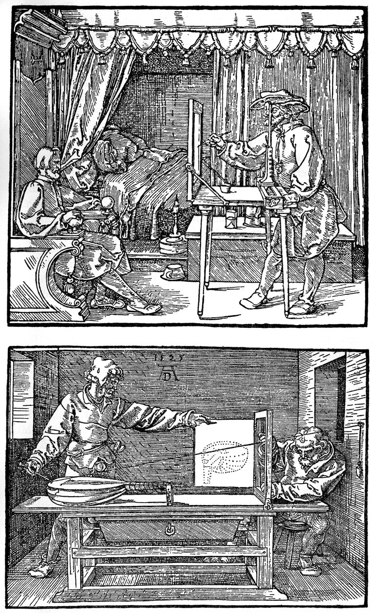 Apparat zur Übersetzung dreidimensionaler Objekte in zweidimensionale Zeichnungen, 1525, 1936 von Albrecht Dürer