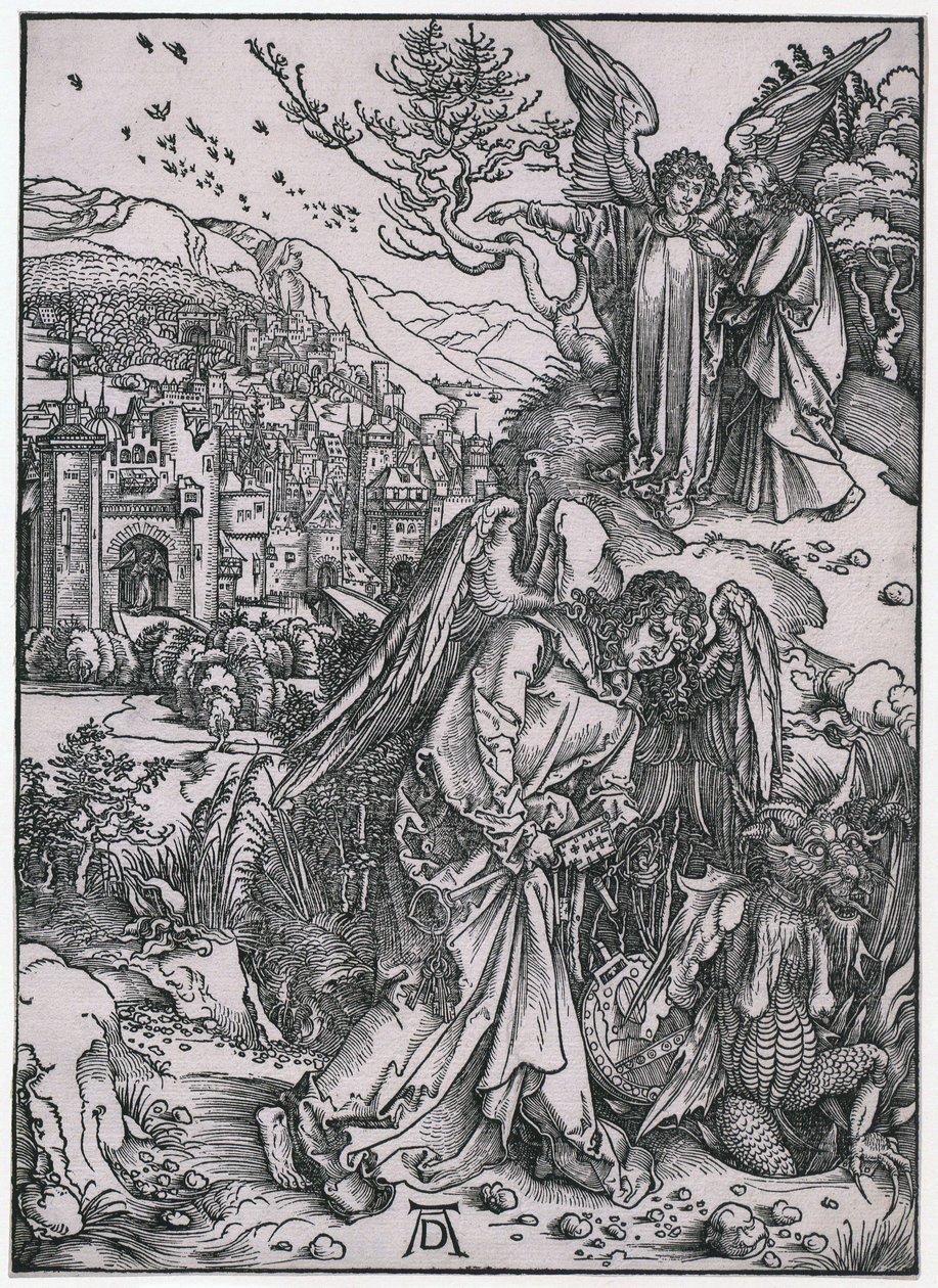 Engel mit dem Schlüssel zum Abgrund, XIV. Figur, Blatt 16 der Folge "Die Apokalypse" von Albrecht Dürer