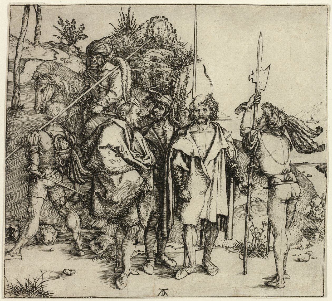 Fünf Landsknechte und ein orientalischer Mann zu Pferd von Albrecht Dürer
