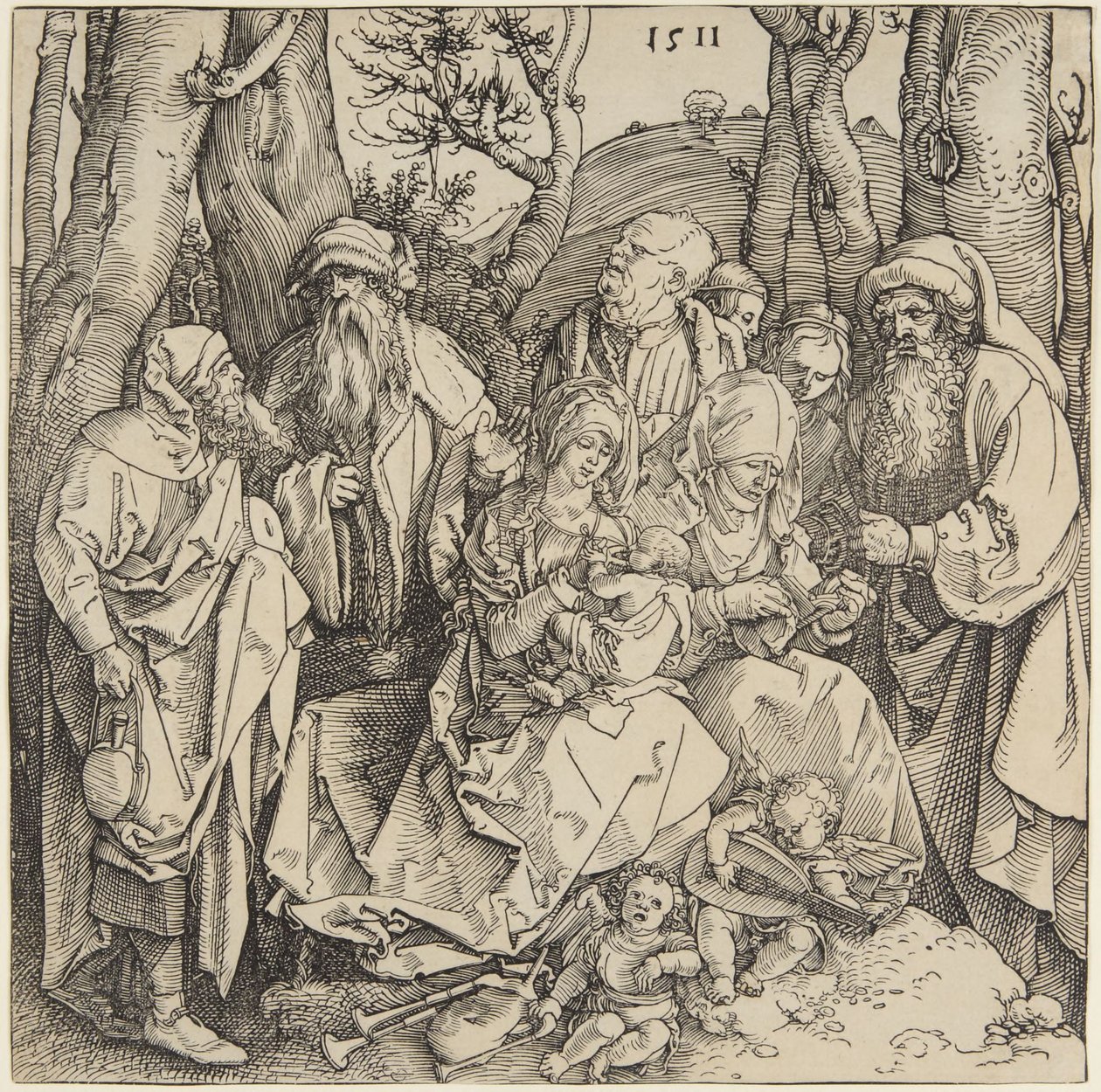 Heilige Sippe mit zwei musizierenden Engeln von Albrecht Dürer
