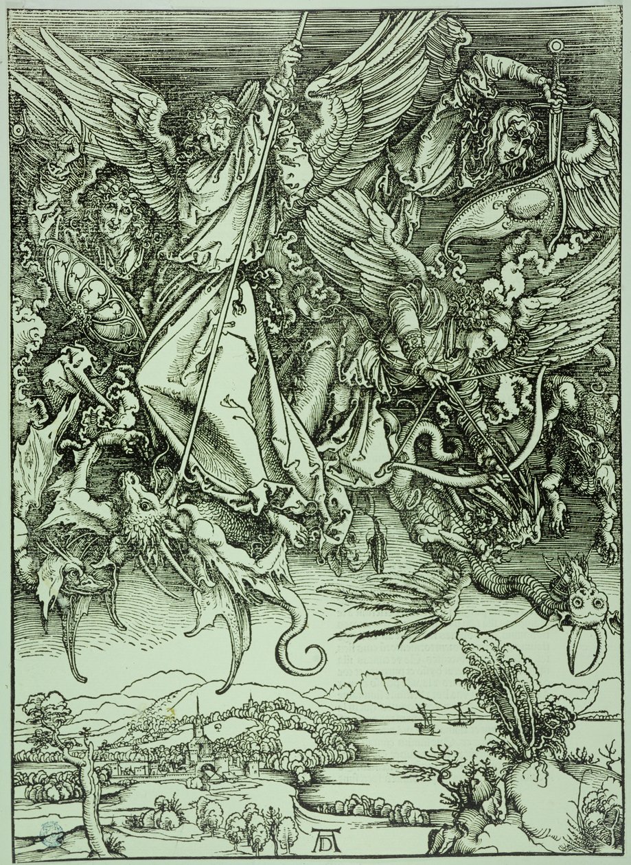 Die Apokalypse (lateinische Ausgabe): Heiliger Michael besiegt den Drachen (Bartsch 72) von Albrecht Dürer