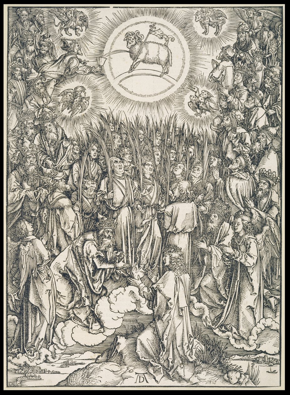 Lobgesang der Auserwählten / Anbetung des Lammes, aus der Folge der Apokalypse, Urausgabe Latein 1498 von Albrecht Dürer