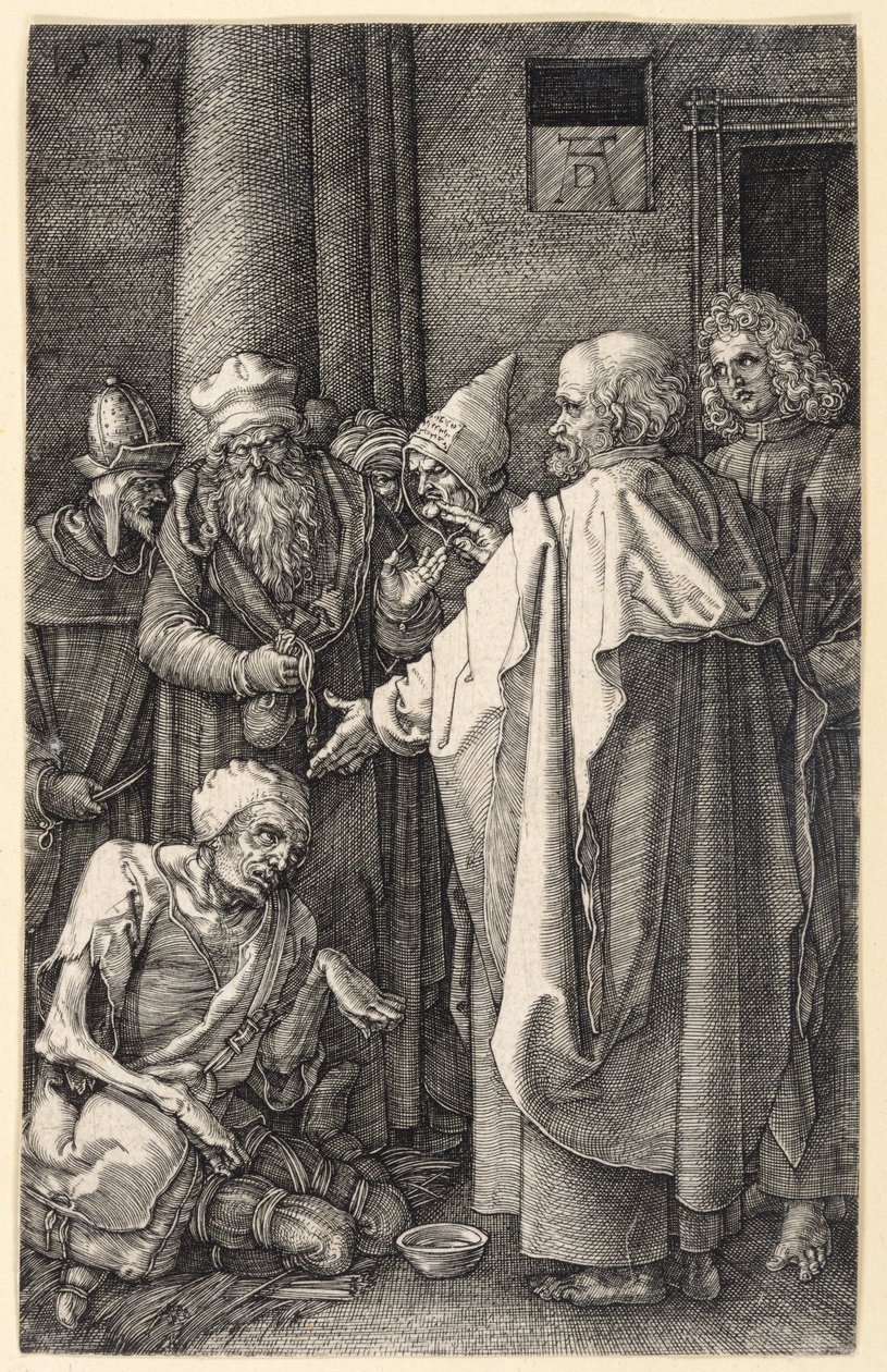 Petrus und Johannes heilen einen lahmen Bettler im Tempel (Kupferstich-Passion) von Albrecht Dürer