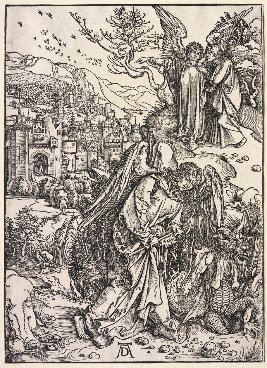Offenbarung des Johannes: Engel mit dem Schlüssel des Abgrunds, 1511 von Albrecht Dürer