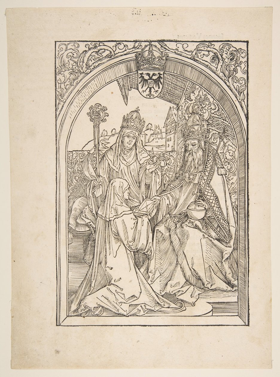 Rosvitha überreicht die Komödien dem Kaiser Otto I. Illustration aus der Opera Hrosvi... n.d. von Albrecht Dürer