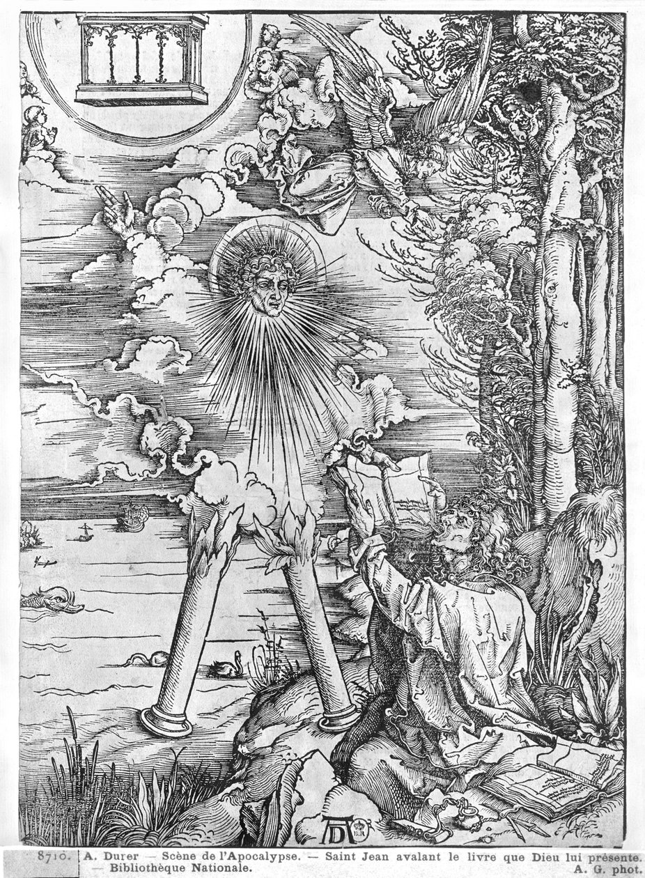 Szene aus der Apokalypse, St. Johannes verschlingt das Buch, lateinische Ausgabe, 1511 von Albrecht Dürer