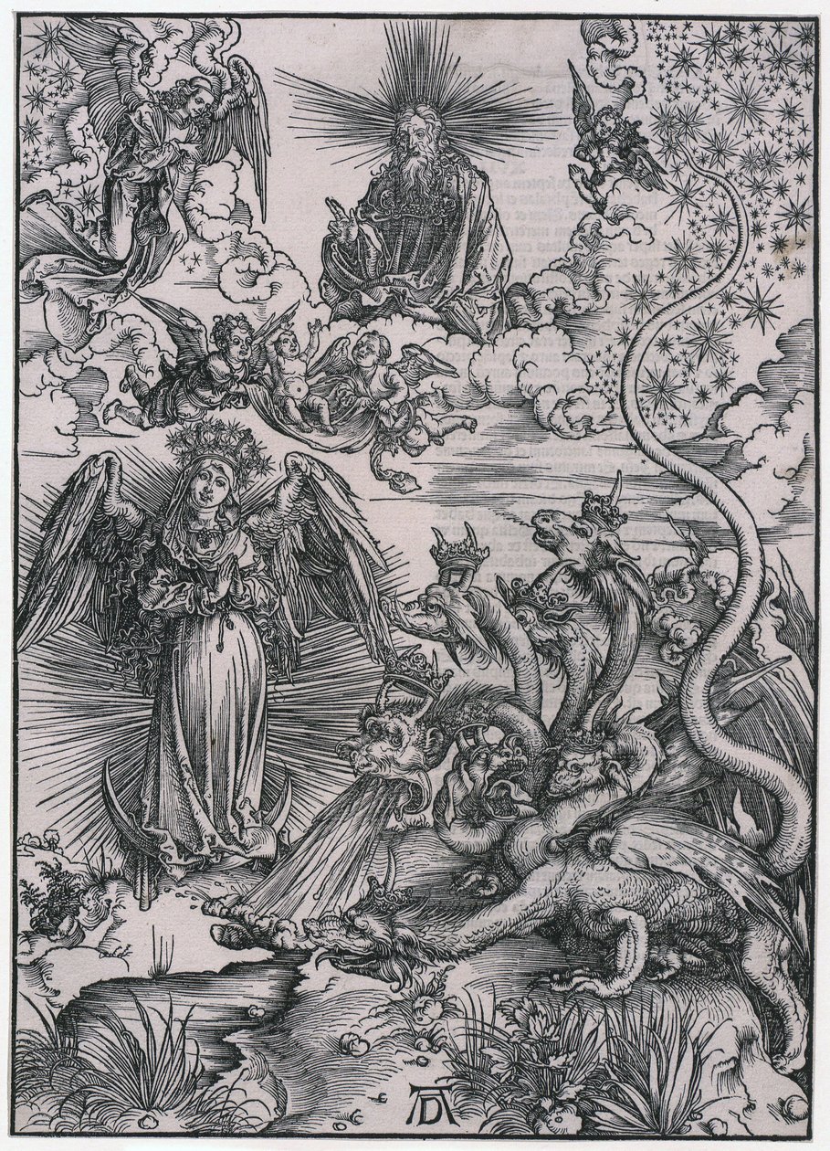 Sonnenweib und der siebenköpfige Drache, IX. Figur, Blatt 11 der Folge "Die Apokalypse" von Albrecht Dürer