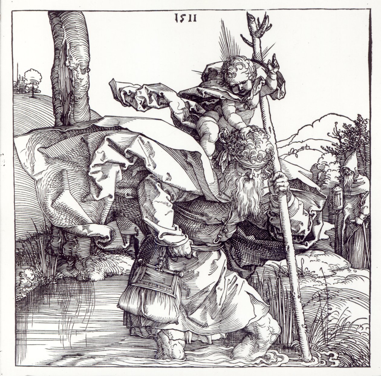 St. Christophorus trägt das Christuskind, 1511 (Holzschnitt) (bw Foto) von Albrecht Dürer