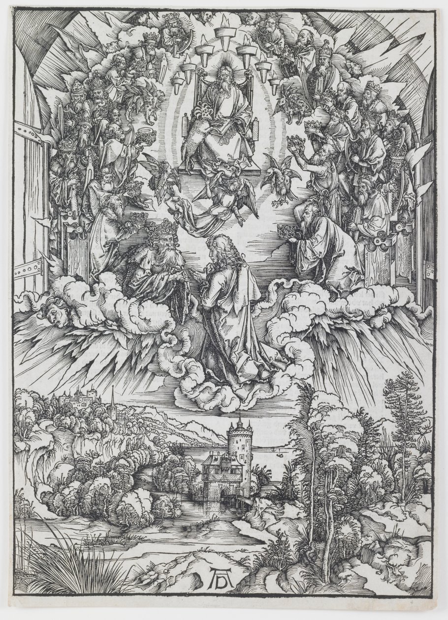 St. Johannes vor Gott und den Ältesten, aus der Serie „Die Apokalypse“ von Albrecht Dürer