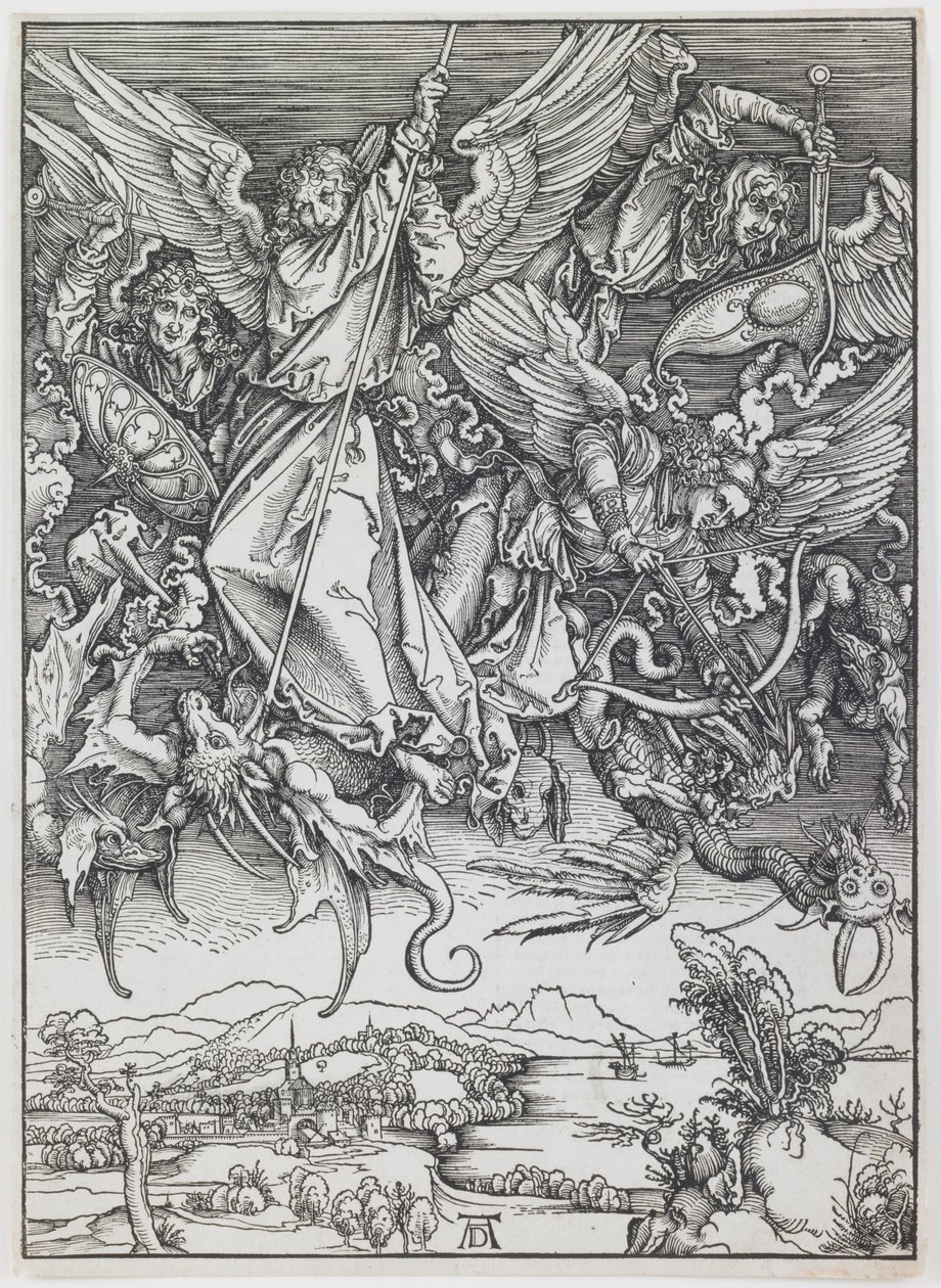St. Michael kämpft gegen den Drachen, aus der Serie „Die Apokalypse“ von Albrecht Dürer