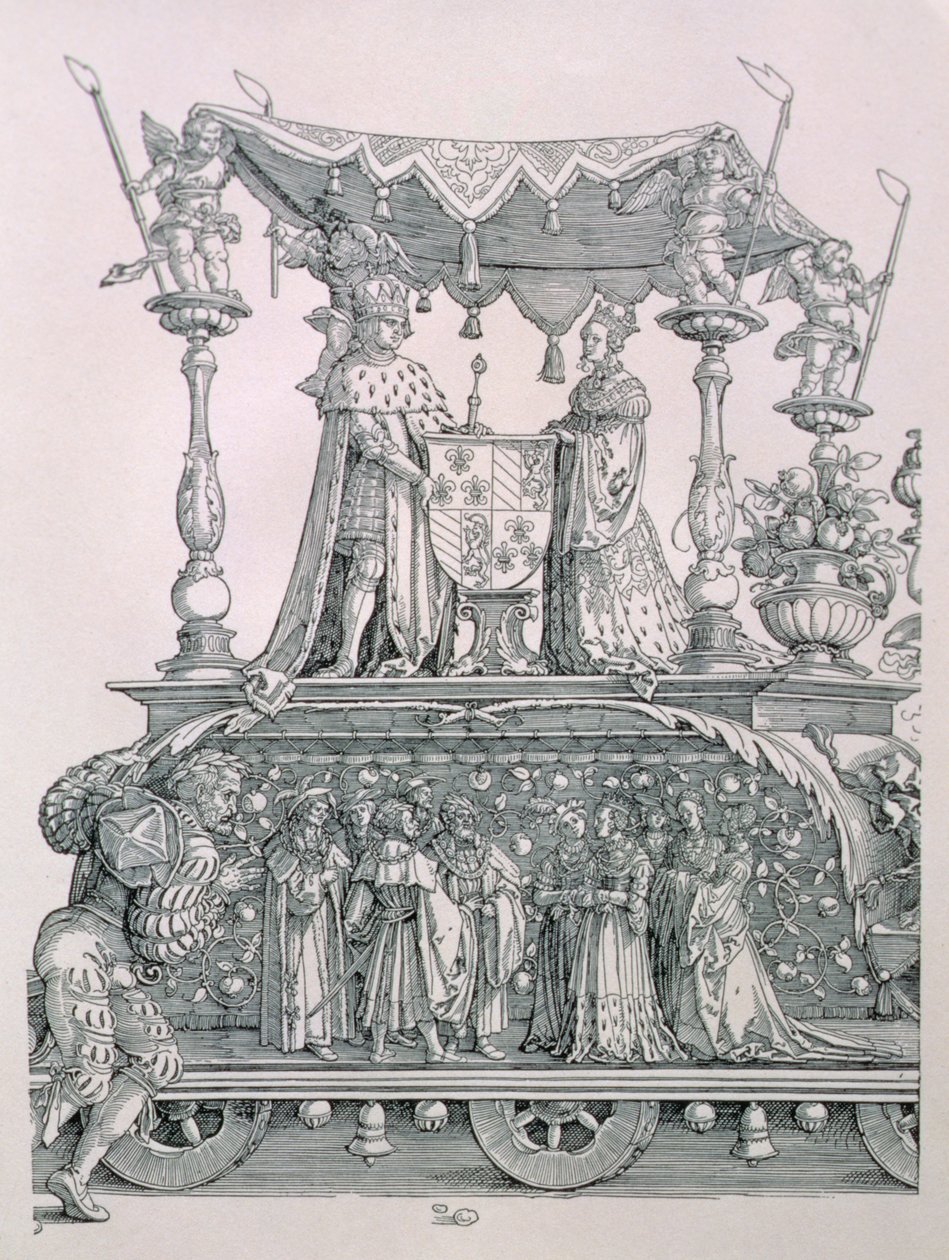 Die burgundische Hochzeit oder der Triumphzug von Kaiser Maximilian I. von Deutschland (1459-1519), der den Hochzeitswagen von Maximilian und Maria von Burgund (1458-82) zeigt, veröffentlicht 1526 (Detail) von Albrecht Dürer