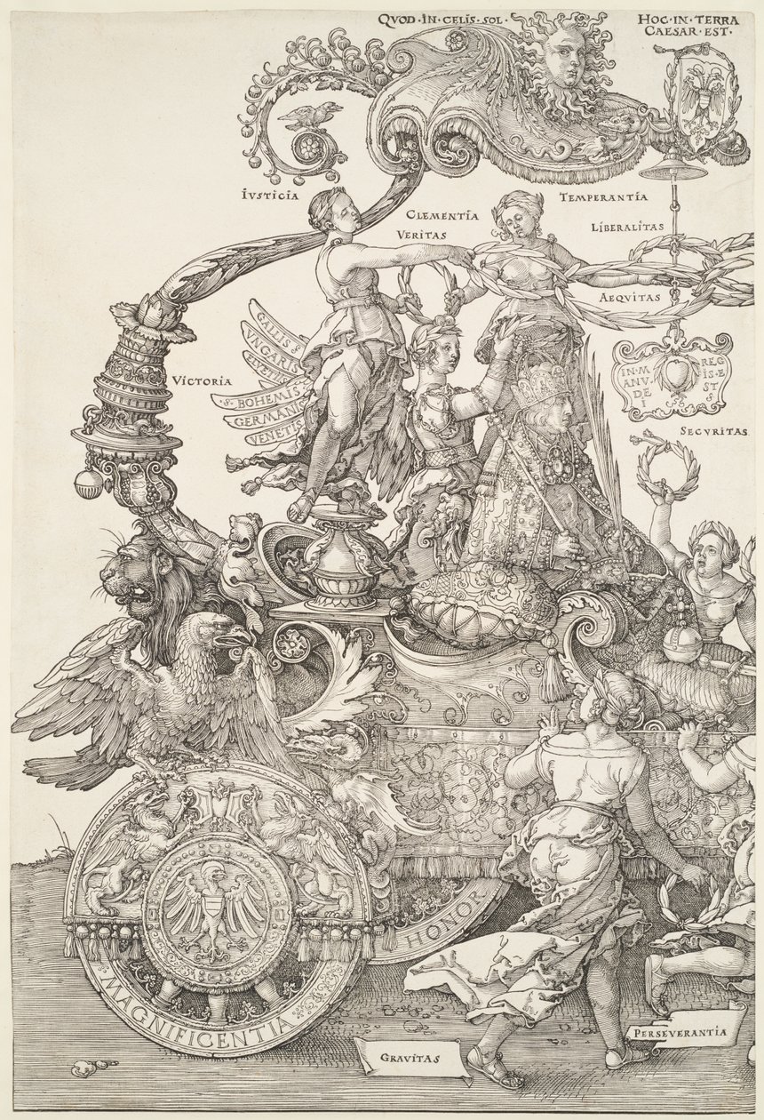 Der große Triumphwagen: Linker Teil des Wagens mit dem Kaiser, von der Siegesgöttin gekrönt von Albrecht Dürer