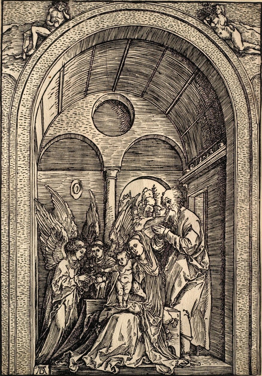 Die Heilige Familie mit zwei Engeln in einer gewölbten Halle von Albrecht Dürer