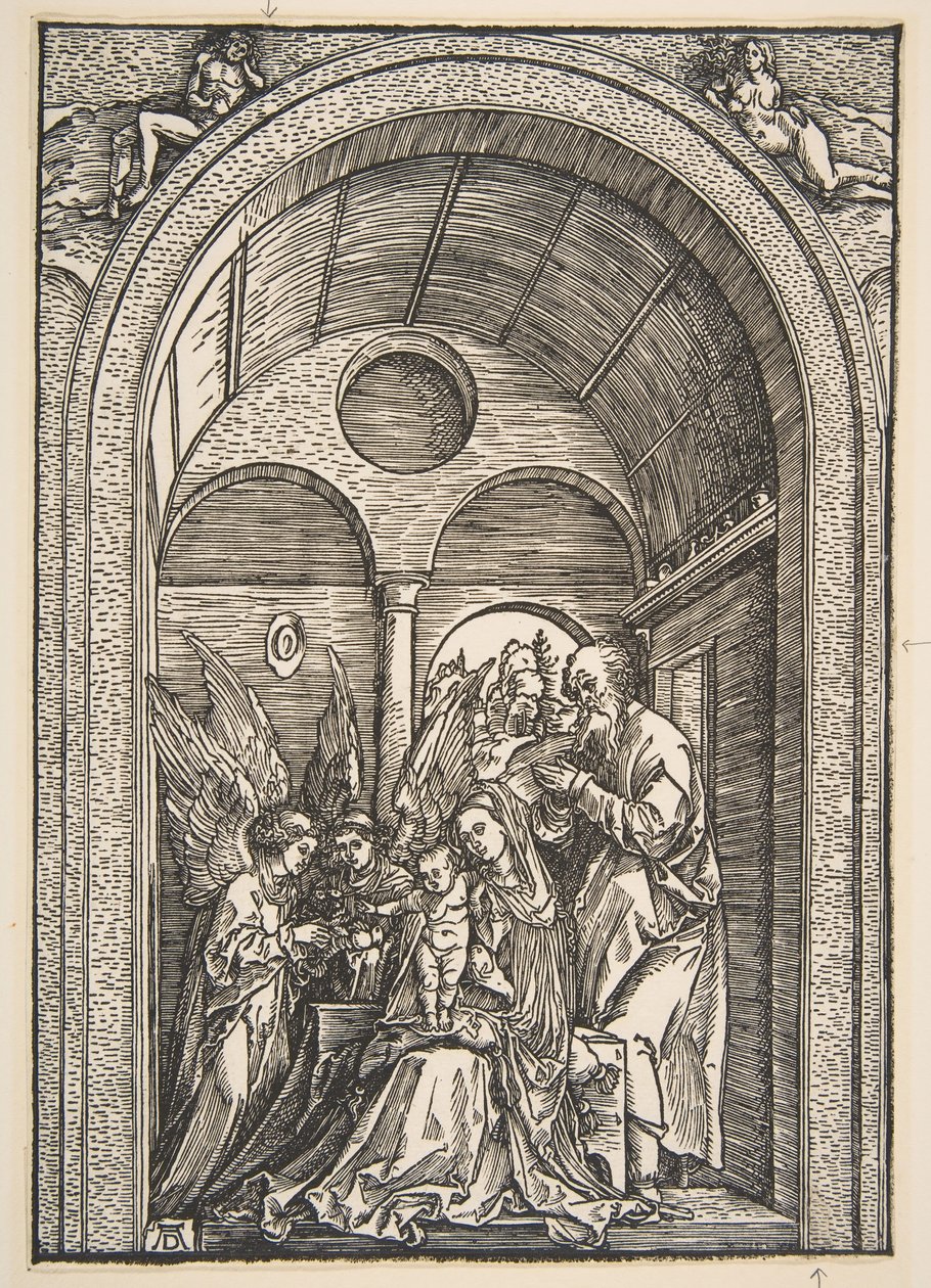 Die Heilige Familie mit zwei Engeln in einer gewölbten Halle, ca. 1503 von Albrecht Dürer