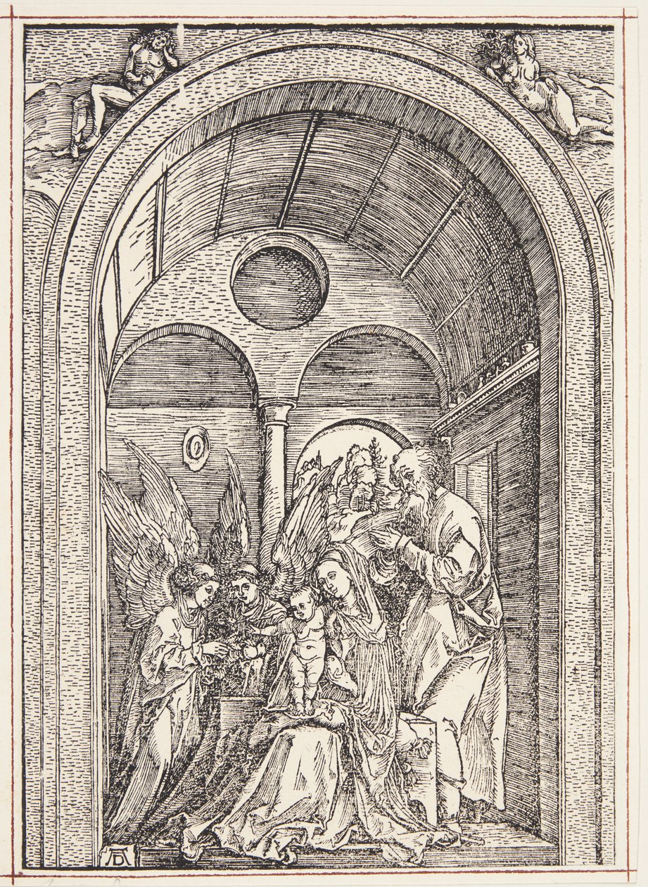 Die Heilige Familie mit zwei Engeln in einer gewölbten Halle von Albrecht Dürer