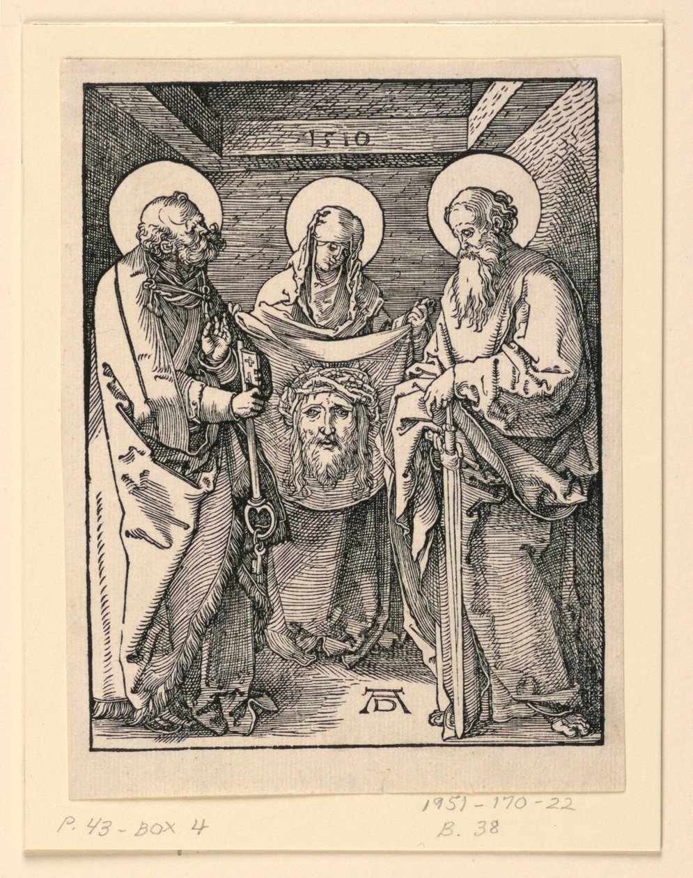 Das Schweißtuch (Heilige Veronika, Petrus und Paulus), aus der Serie Die Kleine Passion von Albrecht Dürer