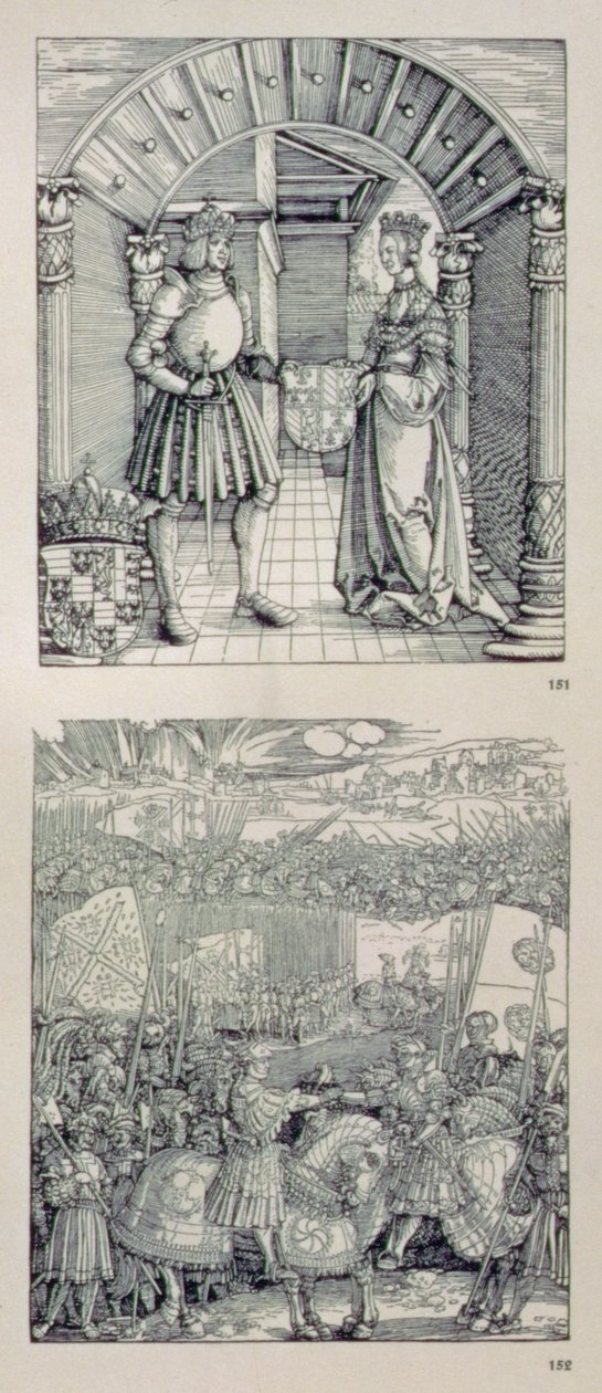 Der Triumphbogen von Kaiser Maximilian I. von Deutschland (1459-1519): Detail, das zwei Tafeln über dem linken Portal zeigt, die (oben) Maximilian I. und seine erste Frau Maria von Burgund (1457-82) darstellen von Albrecht Dürer