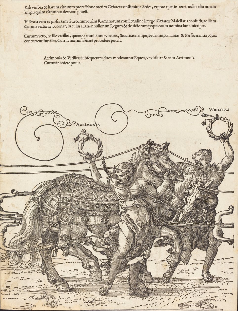 Der Triumphwagen von Maximilian I. Der große Triumphwagen [Platte 6 von 8], 1523 lateinische Ausgabe von Albrecht Dürer