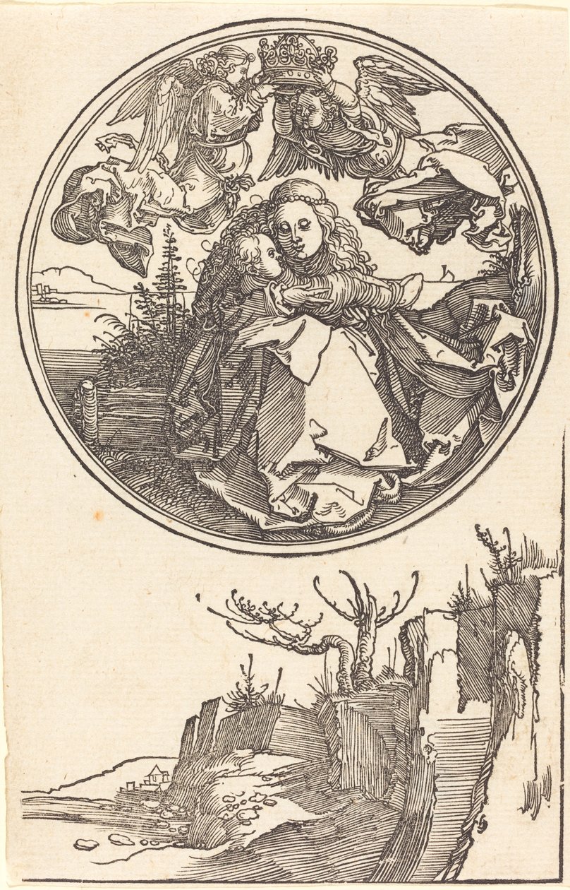 Die Jungfrau von zwei Engeln über einer Landschaft gekrönt von Albrecht Dürer